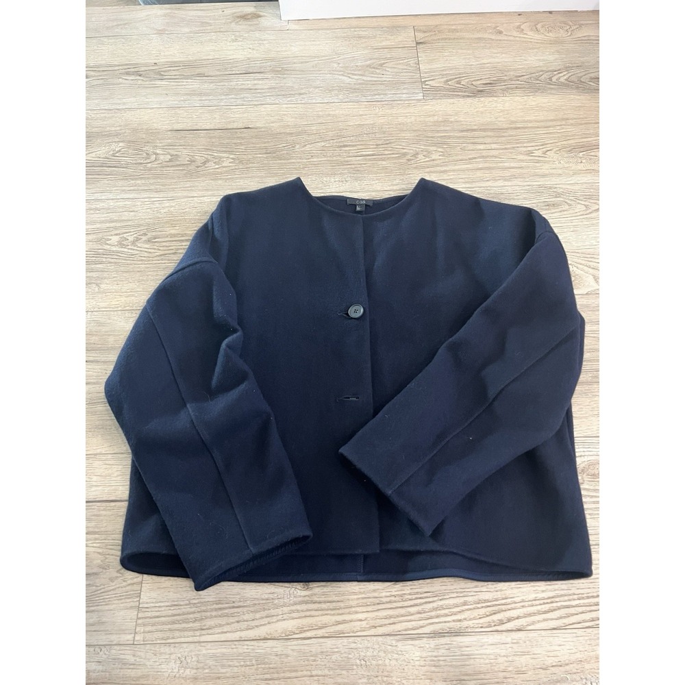 COS Women's Collarless Jacket Navy Blue Size L Button Front Made in Turkey
